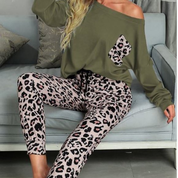 Other - Green Leopard Print Loungwear Set